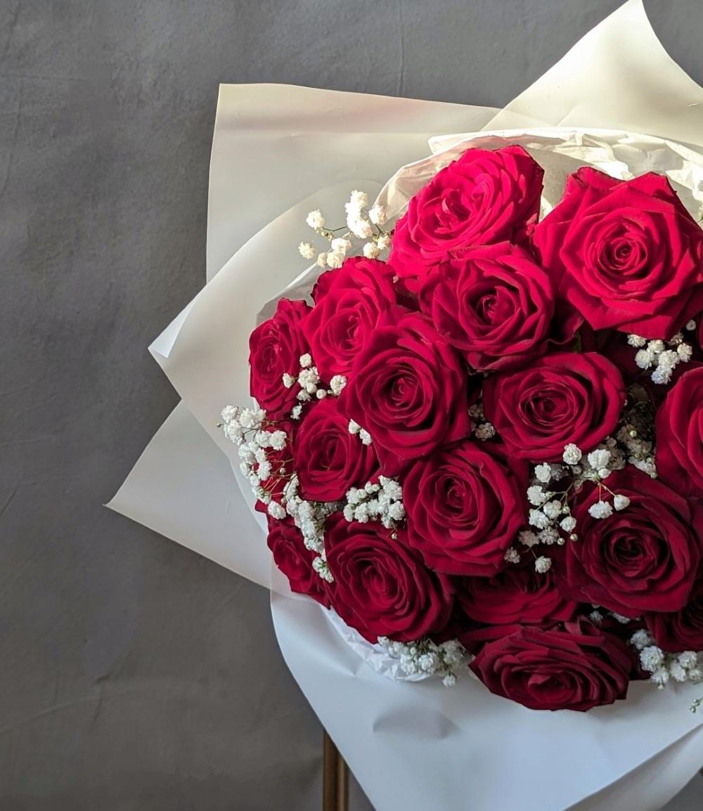Premium Red roses and Gypsohila Flower Delivery