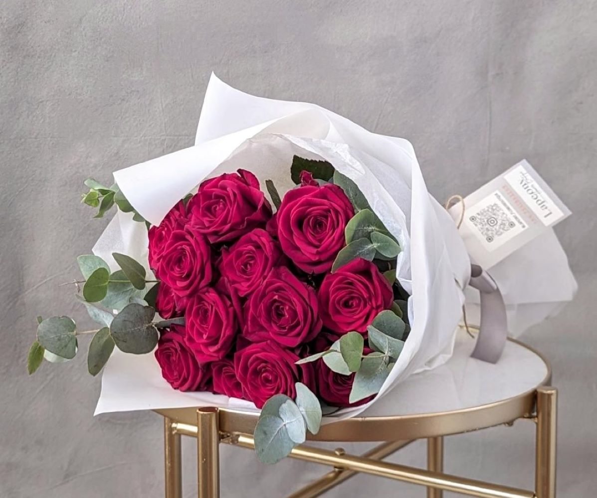 Eternal Romance: Dozen Premium Red Rose Bouquet with Eucalyptus